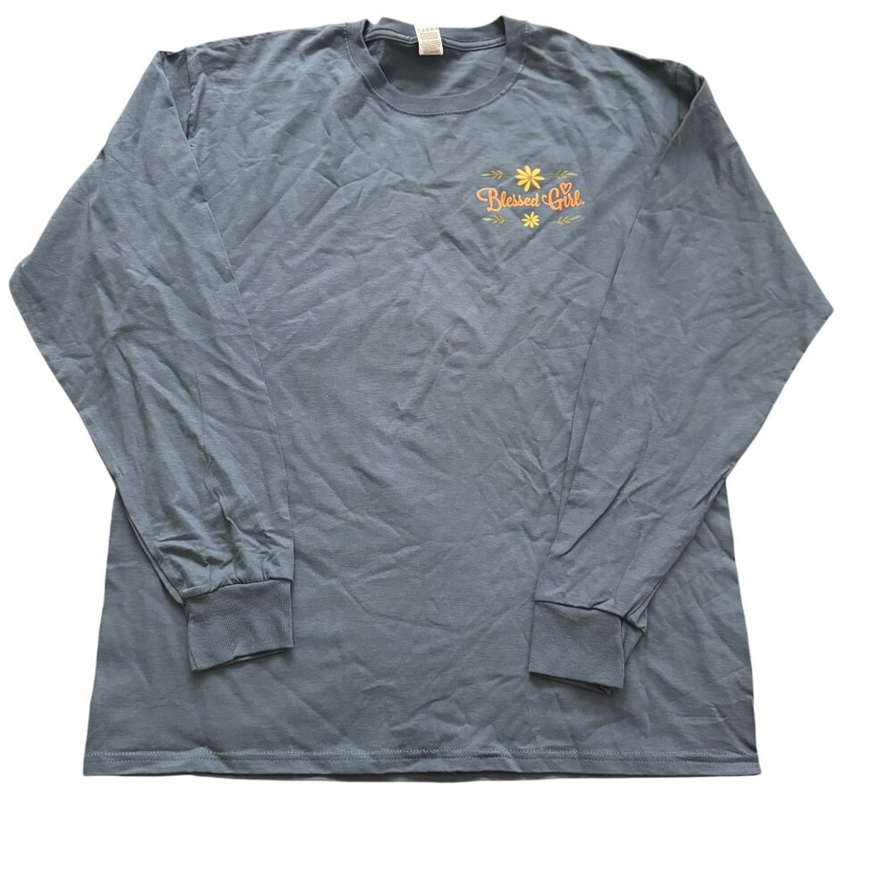 Fruit of‎ the Loom men shirt Blessed Girl Faith Long Sleeve Tee sz Large blue